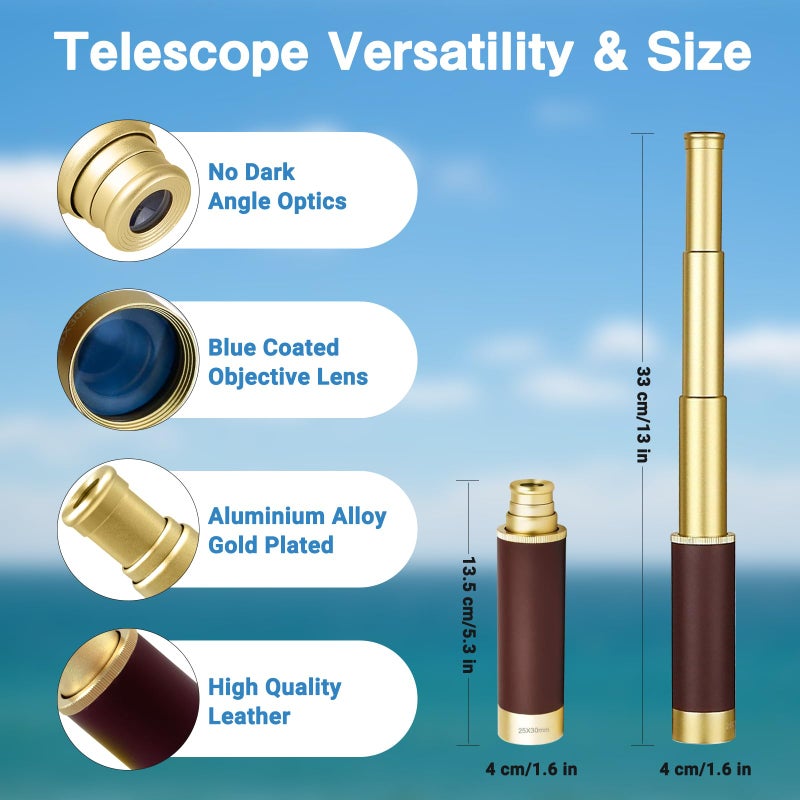 Laupha Retro Pirate Telescope Zoomable 25x30 Spyglass Portable Collapsible Handheld Telescope Vintage Monocular for Kids & Survival Gear Compass Pocket Military Compass for Camping Boating - Image 3